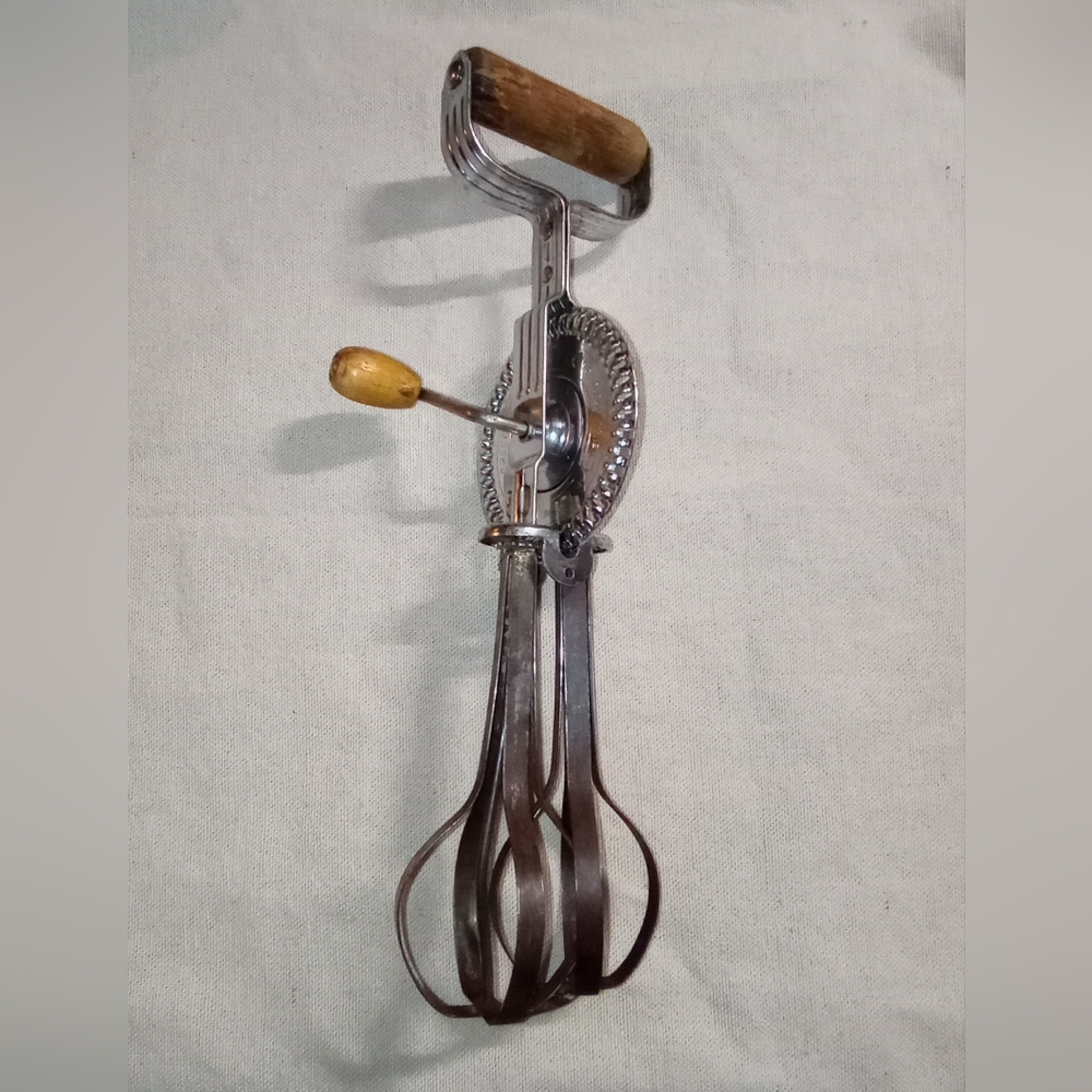 Vintage Handheld Egg Beater with Wooden Handle